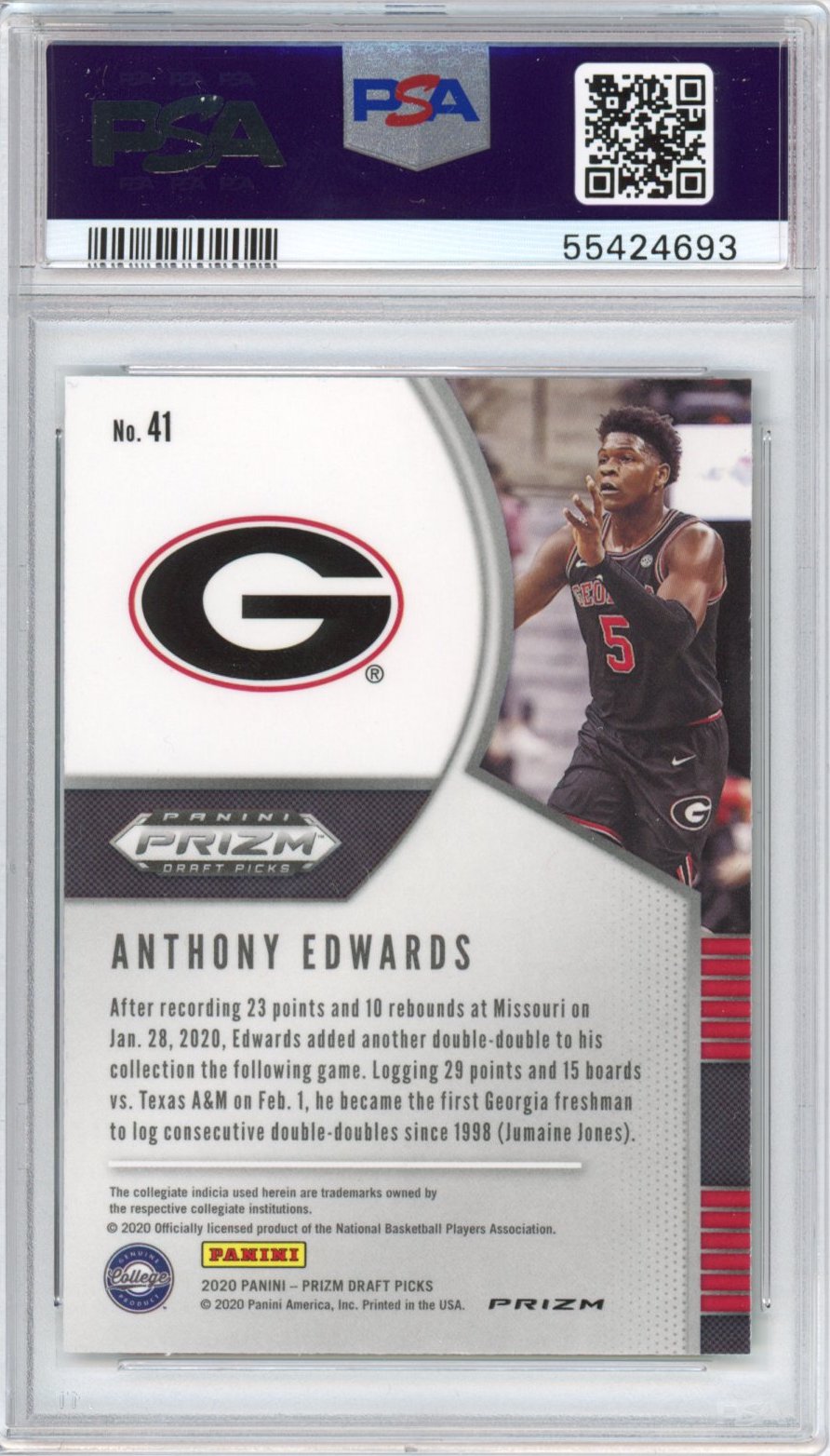Selecciones del draft Panini Prizm DP 2020-21, Anthony Edwards #41, tarjeta de baloncesto Prizm Rookie RC verde, PSA 10 Gem Mint
