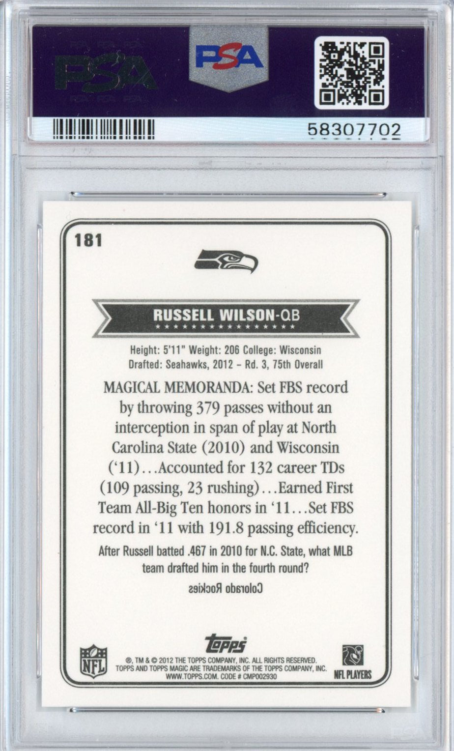 Tarjeta de fútbol RC Russell Wilson n.° 181 de Topps Magic, clasificada en 2012, PSA 10 Gem Mint