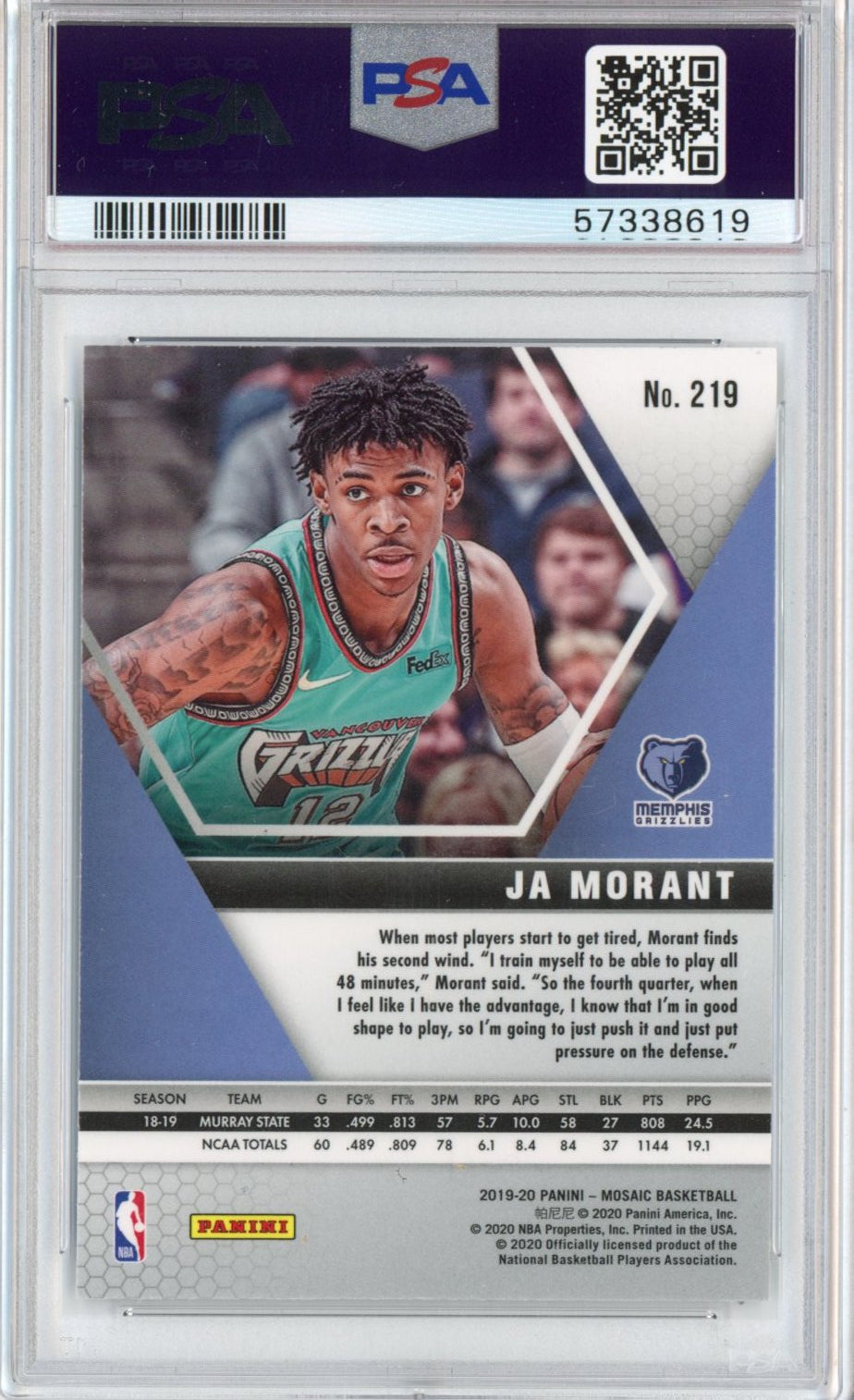 Tarjeta de baloncesto Panini Mosaic Ja Morant n.° 219 Rookie RC, clasificada 2019-20, PSA 10 Gem Mint