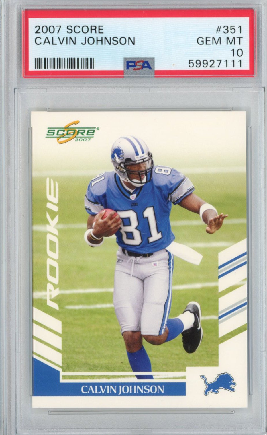 Calificado en 2007 Puntuación Calvin Johnson #351 Tarjeta de fútbol RC novato PSA 10 Gem Mint