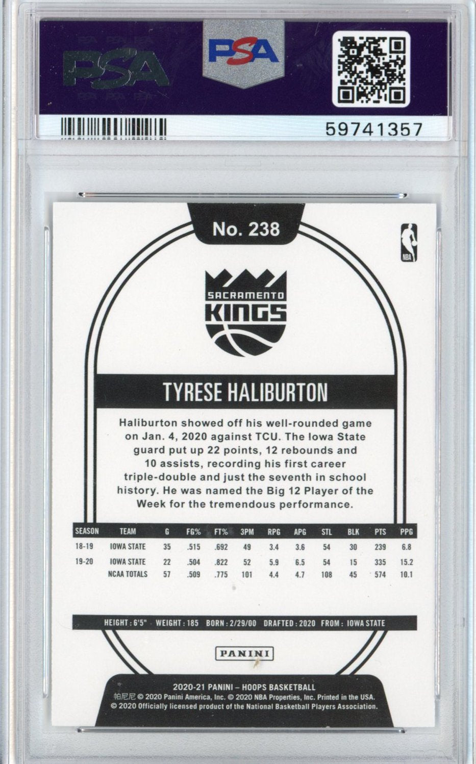 Tarjeta de baloncesto Tyrese Haliburton #238 Rookie RC de Panini Hoops, clasificada 2020-21, PSA 10 Gem Mint