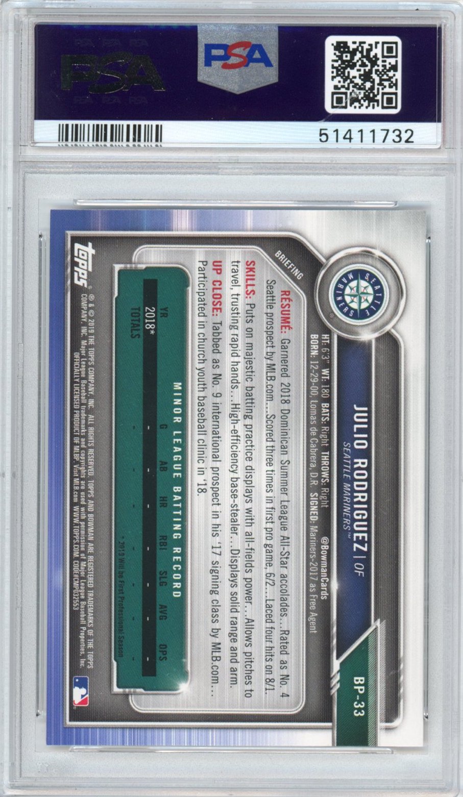Tarjeta de béisbol Bowman Julio Rodríguez #BP33 de Paper Prospects Rookie RC, calificada en 2019, PSA 10 Gem Mint