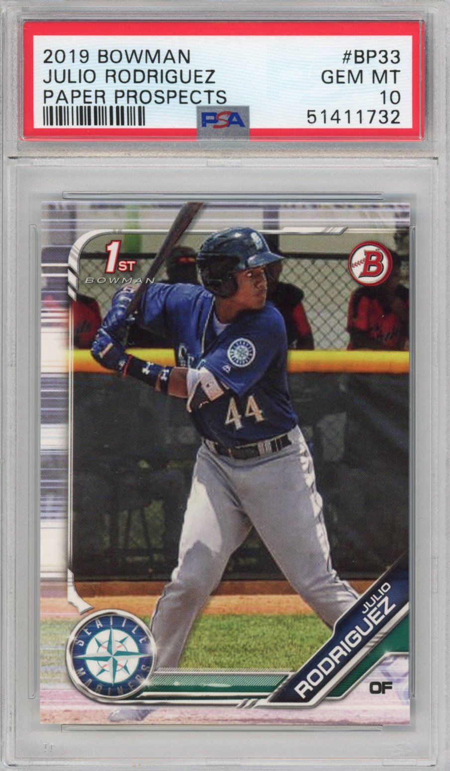 Tarjeta de béisbol Bowman Julio Rodríguez #BP33 de Paper Prospects Rookie RC, calificada en 2019, PSA 10 Gem Mint