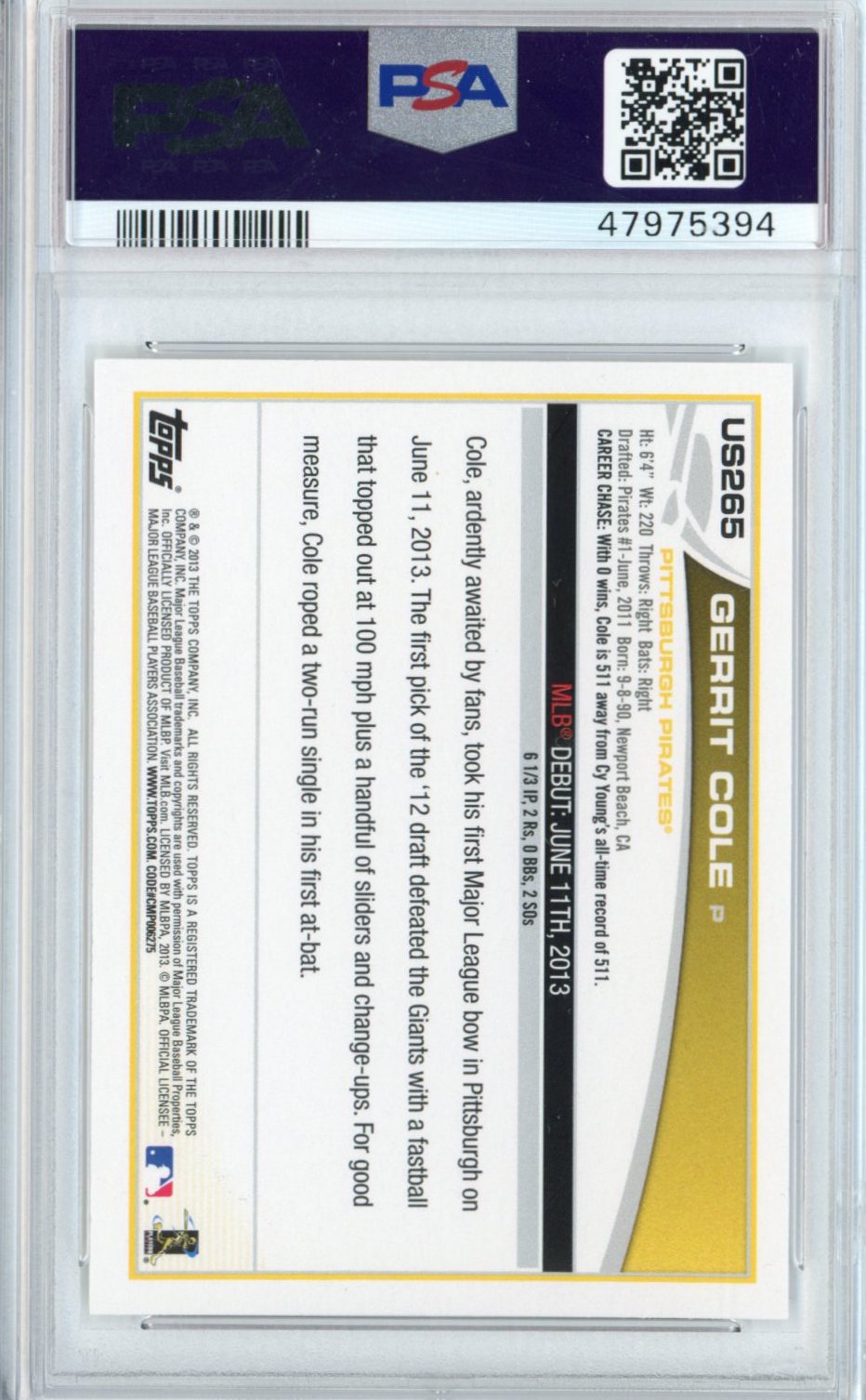 Tarjeta de béisbol de novato Gerrit Cole #US265 con calificación Topps Update 2013, PSA 10 Gem Mint