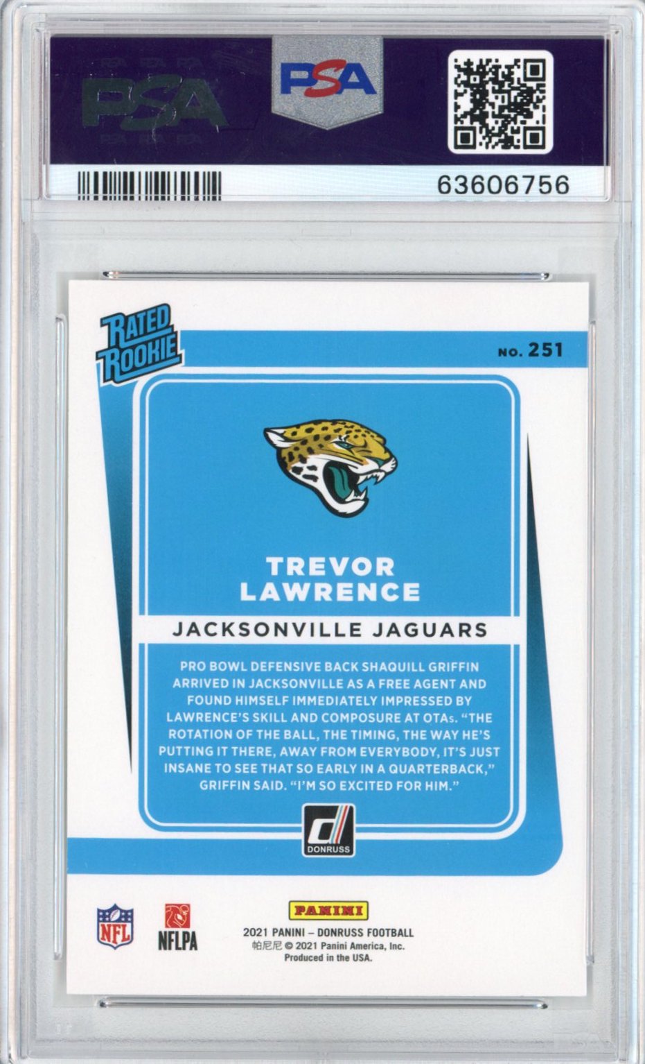 Tarjeta de fútbol RC de novato Trevor Lawrence n.° 251 de Panini Donruss, clasificada en 2021, PSA 10 Gem Mint