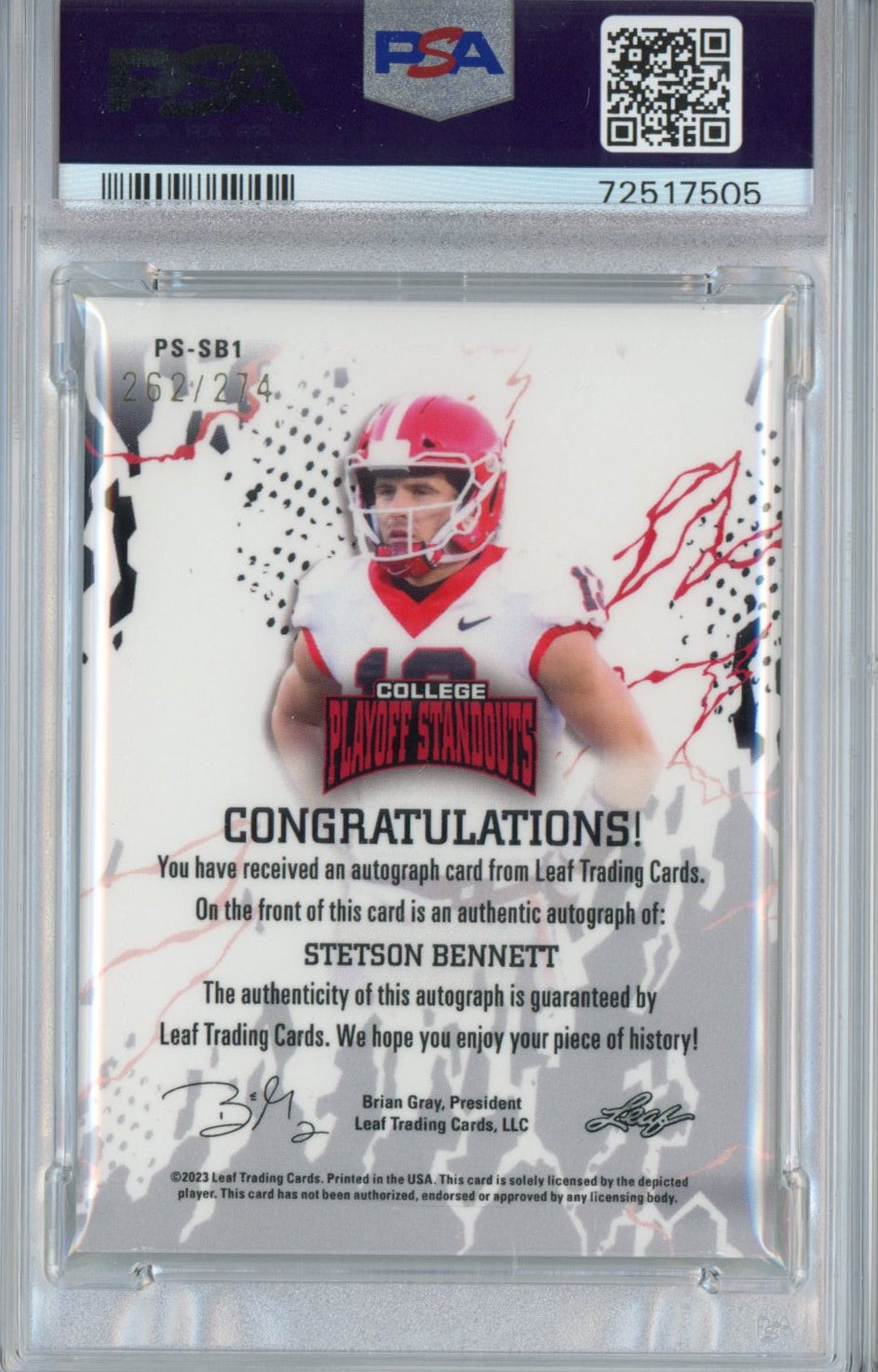Tarjeta de fútbol americano de novato RC autografiada Stetson Bennett #SB1 #/274, calificada como destacada en los playoffs de Leaf College de 2023, PSA/DNA 10 Gem Mint Auto Grade 9