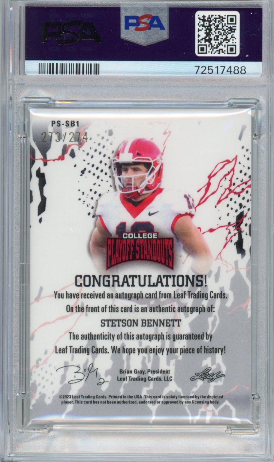Tarjeta de fútbol americano de novato RC autografiada Stetson Bennett #SB1 #/274, calificada como destacada en los playoffs de Leaf College de 2023. PSA/DNA 9. Mint Auto Grade 10.