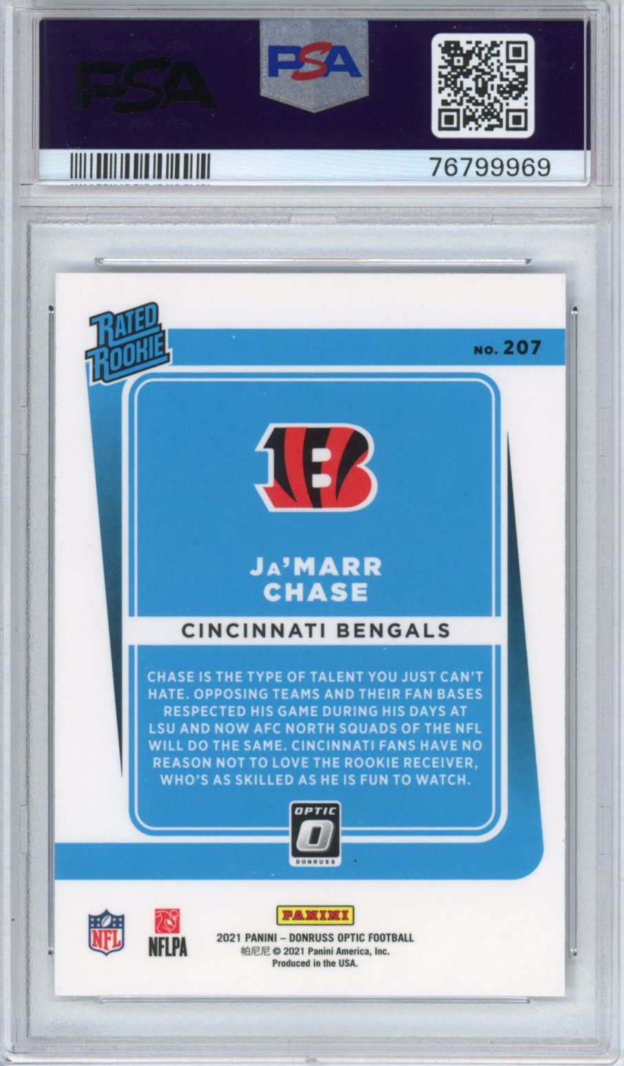 Tarjeta de fútbol RC Ja'Marr Chase #207 de novato Panini Donruss Optic, clasificada en 2021, PSA 10 Gem Mint