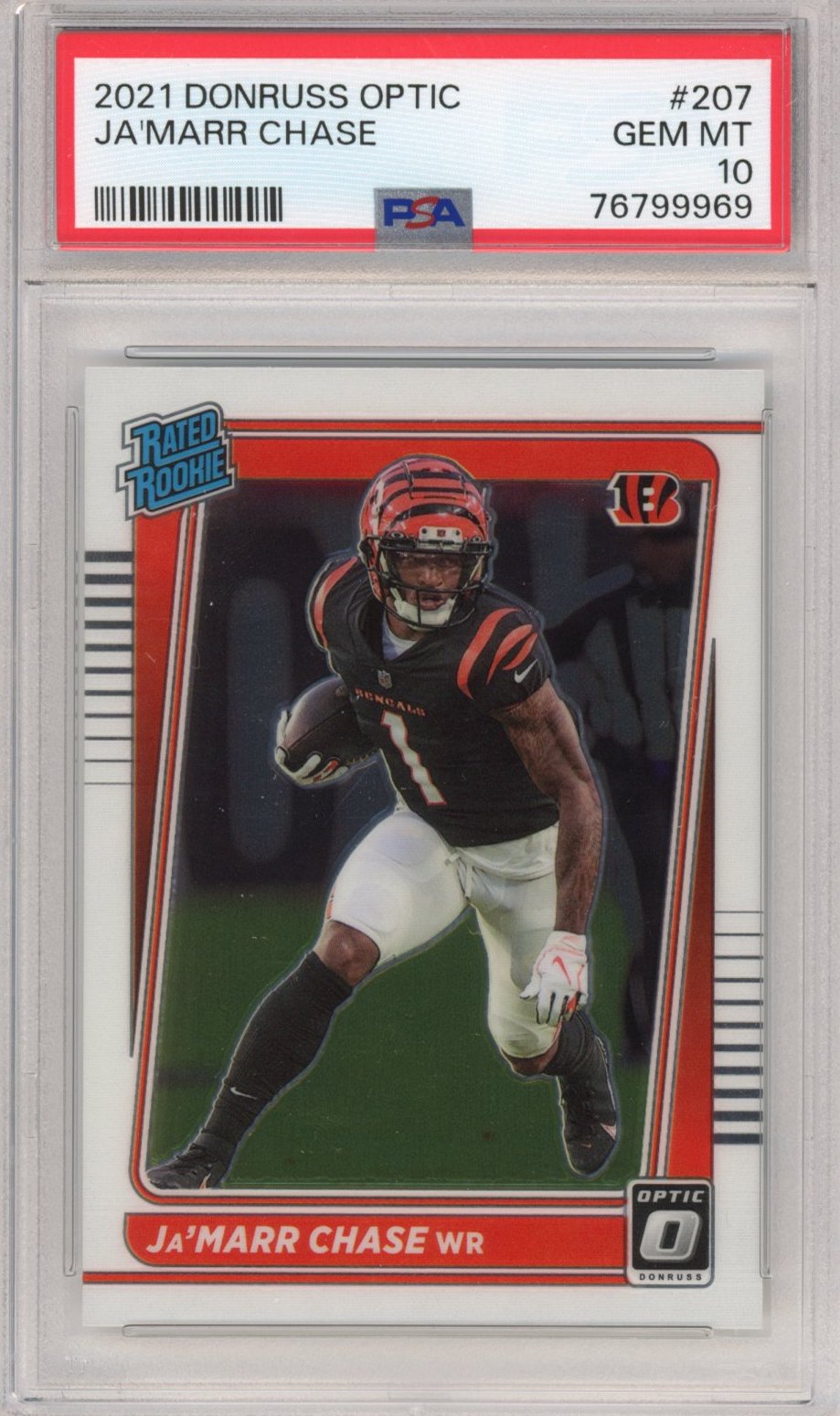 Tarjeta de fútbol RC Ja'Marr Chase #207 de novato Panini Donruss Optic, clasificada en 2021, PSA 10 Gem Mint