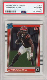 Tarjeta de fútbol RC Ja'Marr Chase #207 de novato Panini Donruss Optic, clasificada en 2021, PSA 10 Gem Mint