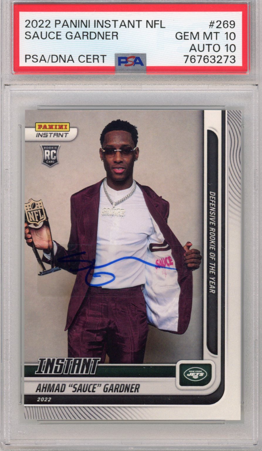 Tarjeta de fútbol americano de novato RC n.° 269 de Panini Instant Ahmad Sauce Gardner, calificada en 2022, PSA 10 Auto Gem Mint