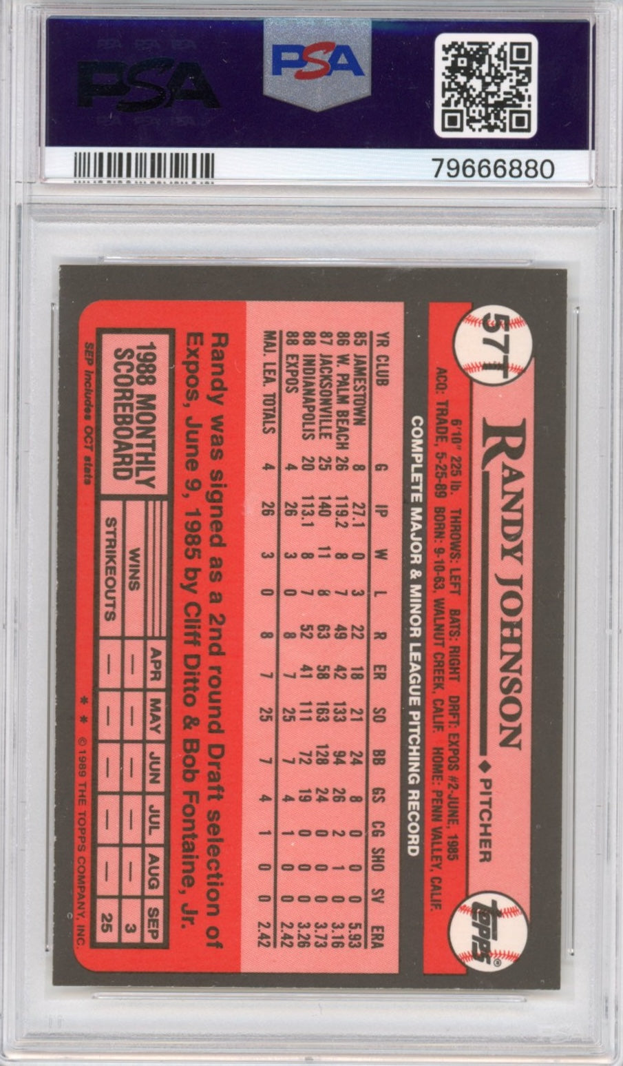 Tarjeta de béisbol de novato Randy Johnson #57T de Topps Traded de 1989, clasificada y modificada, PSA 10, Gem Mint