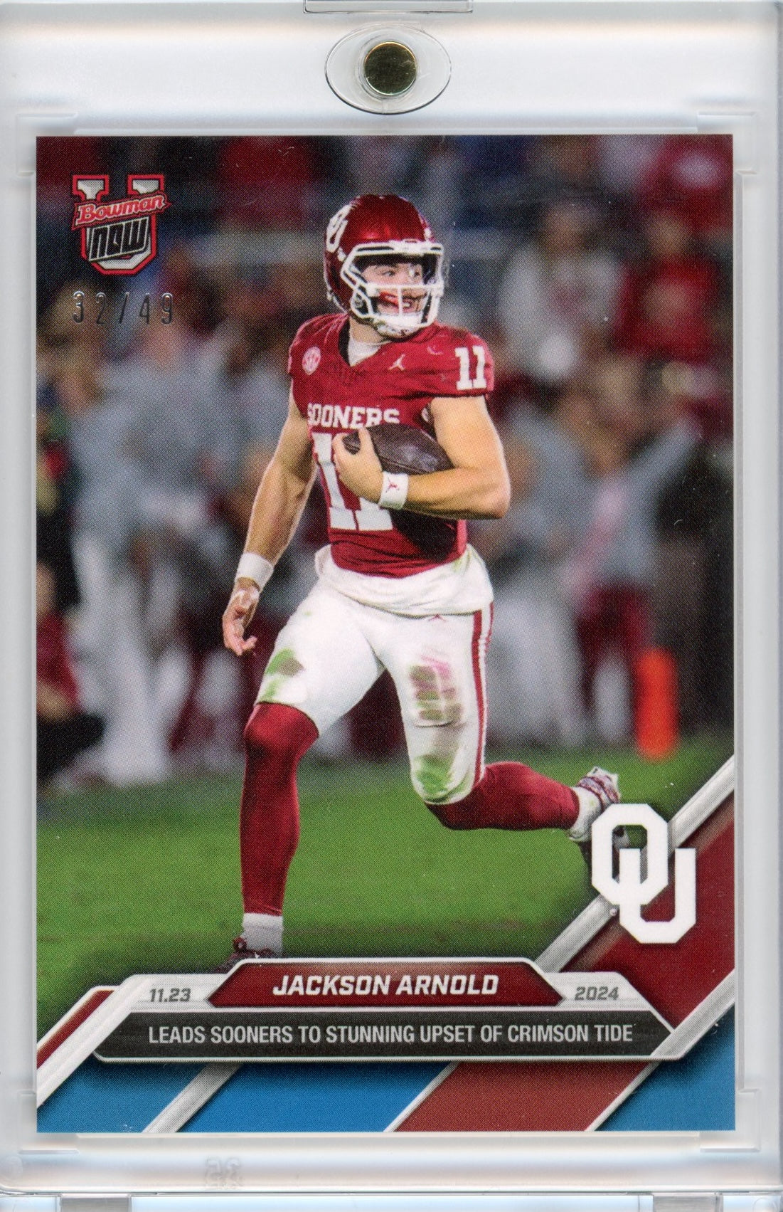 Tarjeta de fútbol americano Topps Bowman U Now Jackson Arnold n.° 46 azul n.° 49 de Oklahoma Sooners Rookie RC 2024
