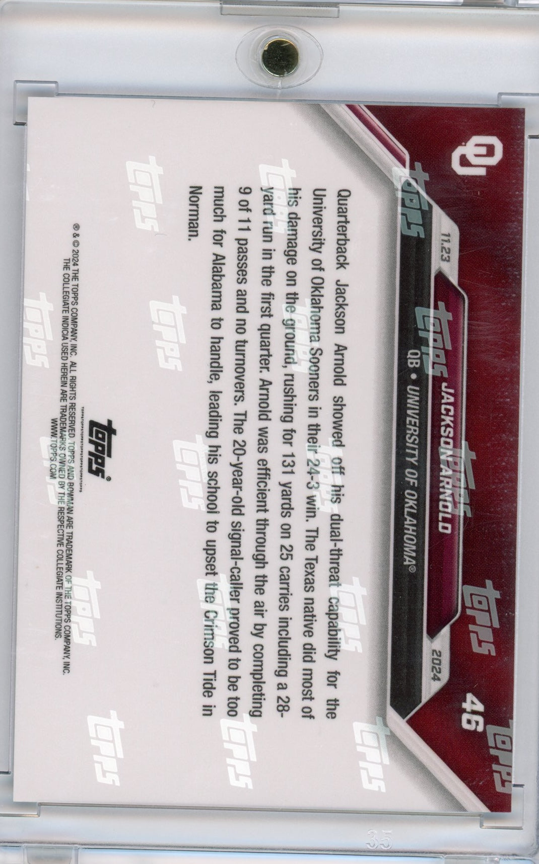 Tarjeta de fútbol americano Topps Bowman U Now Jackson Arnold n.° 46 azul n.° 49 de Oklahoma Sooners Rookie RC 2024
