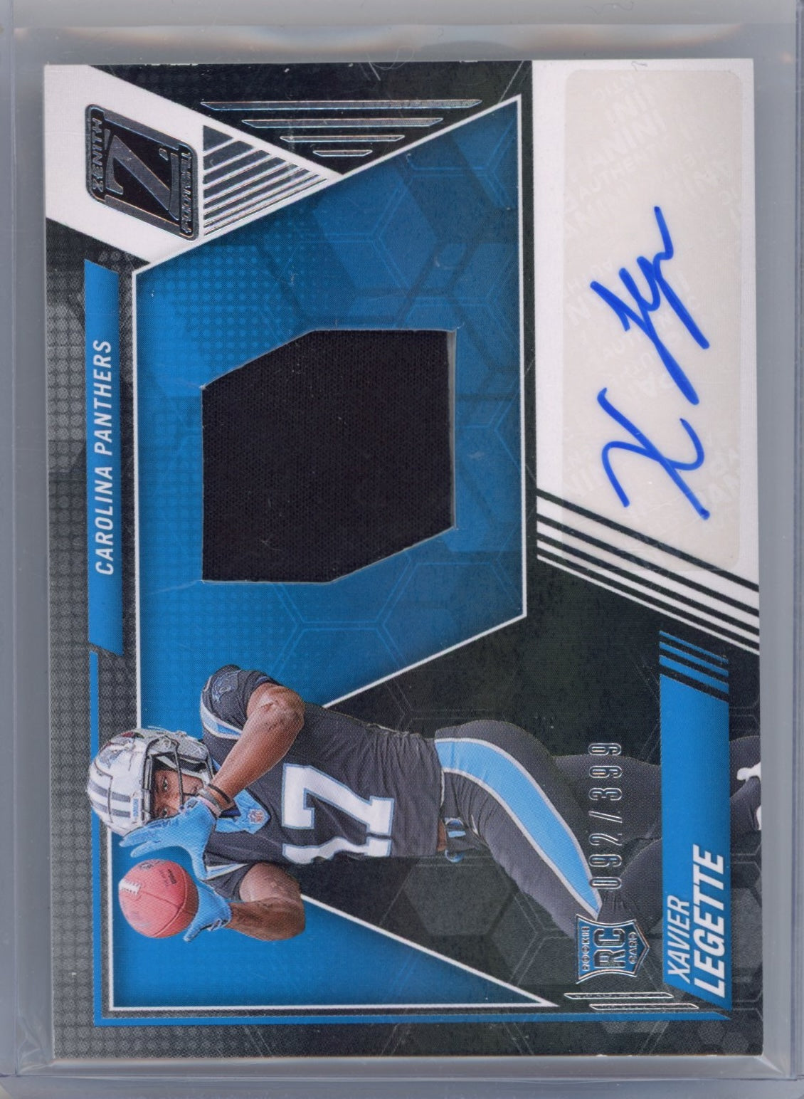 Tarjeta de fútbol Panini Zenith Xavier Legette n.° 210 Relic Auto / 399 Rookie RC 2024