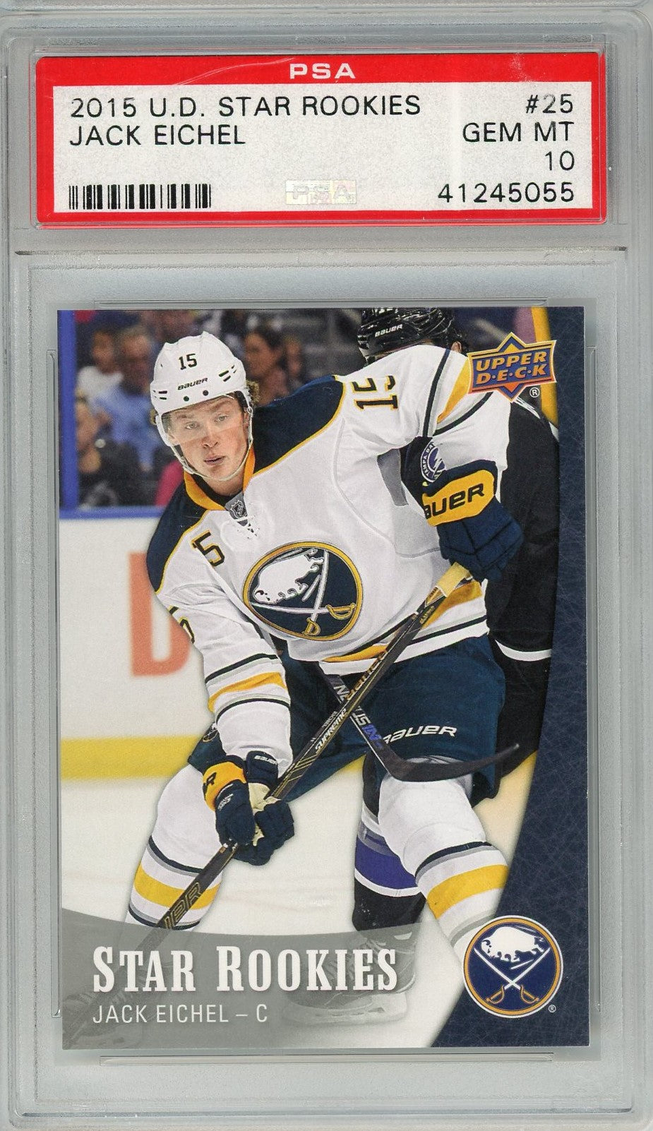 Tarjeta de hockey RC Jack Eichel #25 de novatos estrella de la UD 2015, clasificada, PSA 10 Gem Mint