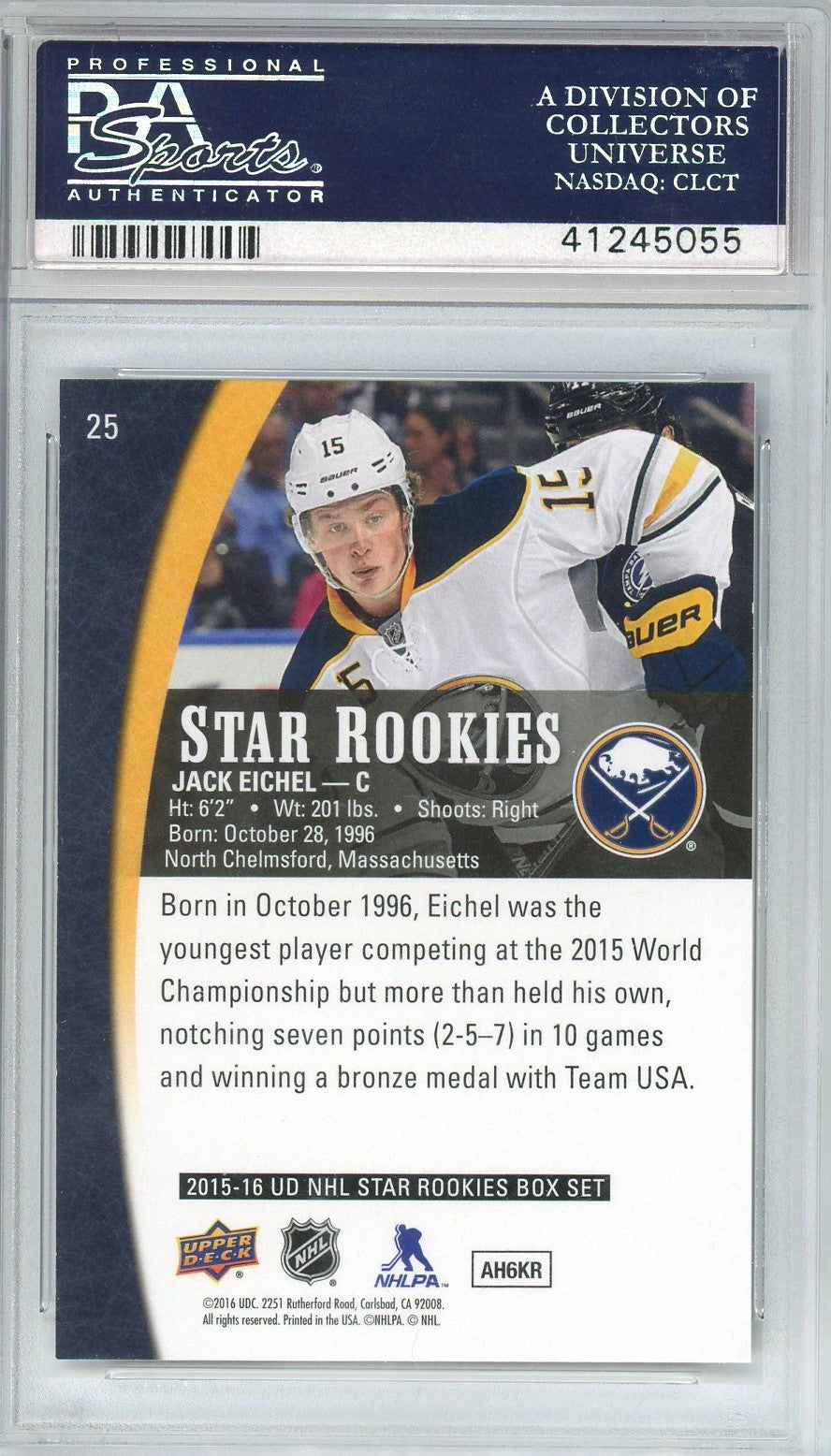 Tarjeta de hockey RC Jack Eichel #25 de novatos estrella de la UD 2015, clasificada, PSA 10 Gem Mint