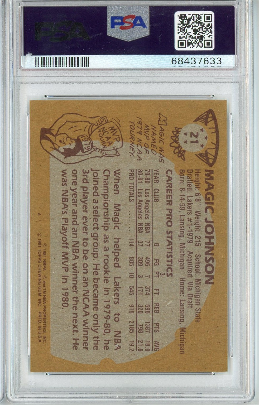 Tarjeta de baloncesto Topps Magic Johnson n.° 21 de segundo año, calificada en 1981, PSA 8 NM-MT