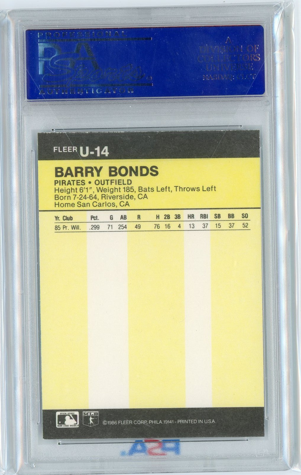 Tarjeta de béisbol de novato RC Barry Bonds n.° U144444, actualización Fleer de 1986, PSA 8 NM-MT