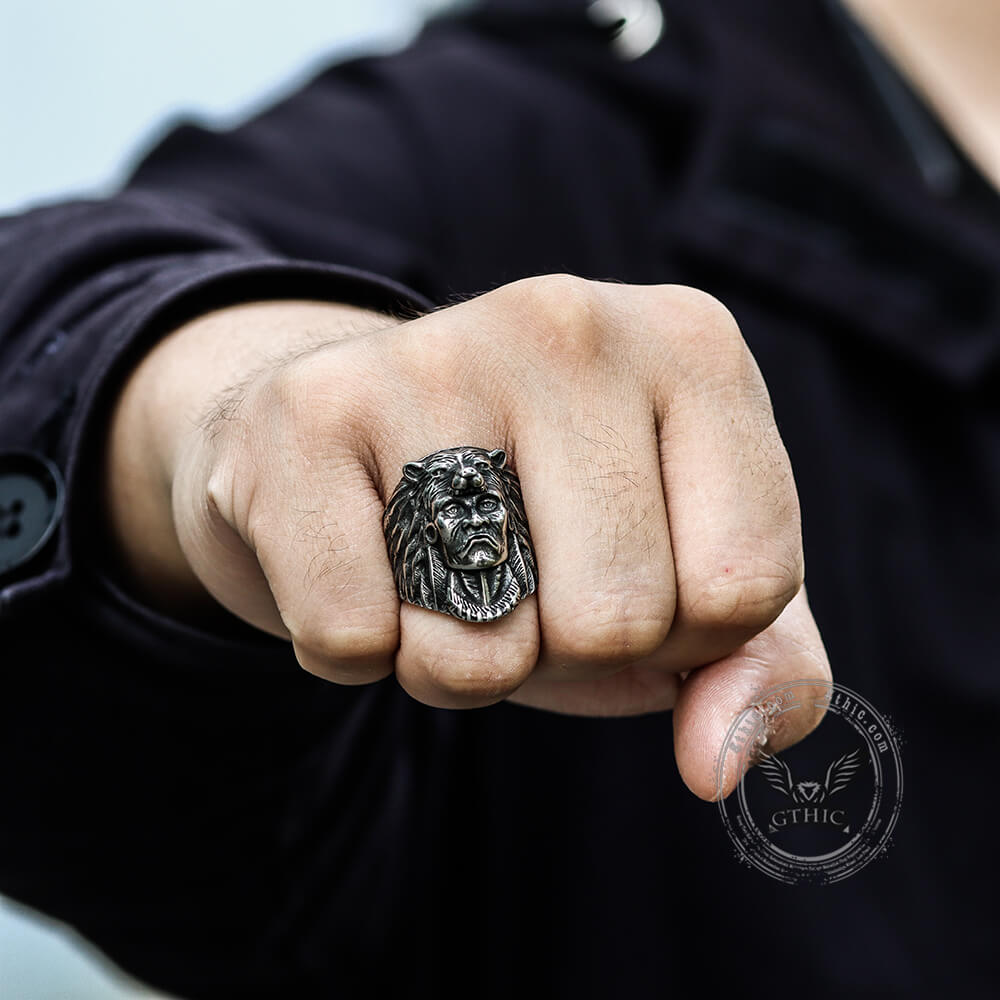 Anillo tribal de acero inoxidable de jefe indio