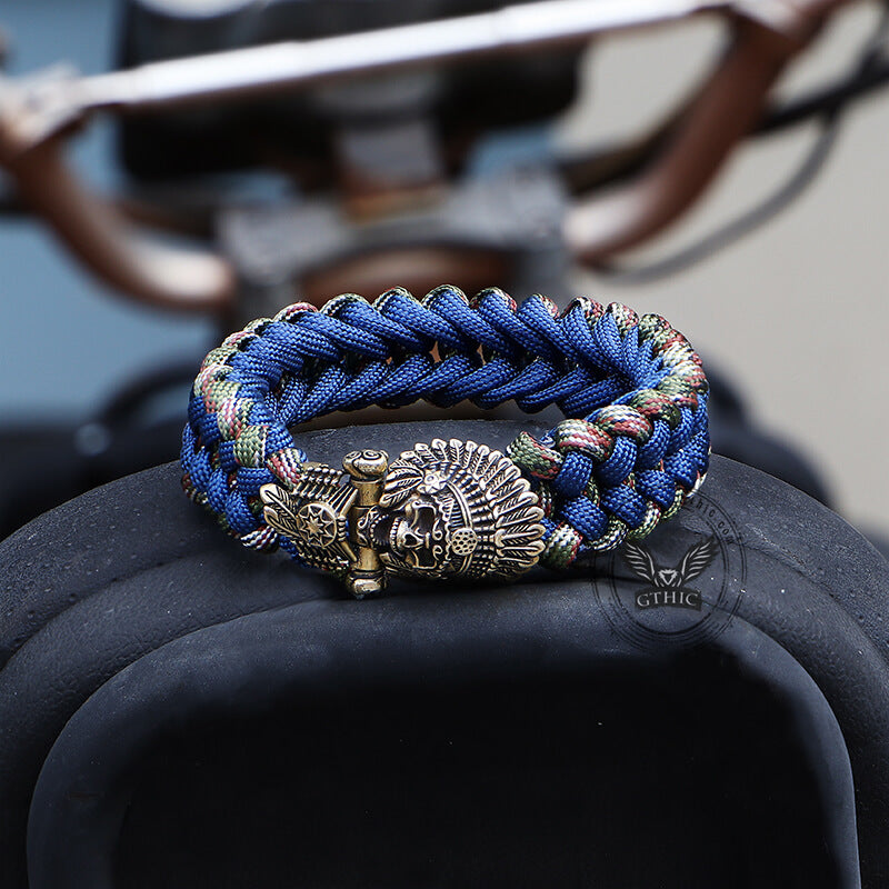 Indian Warrior Brass Skull Paracord Bracelet