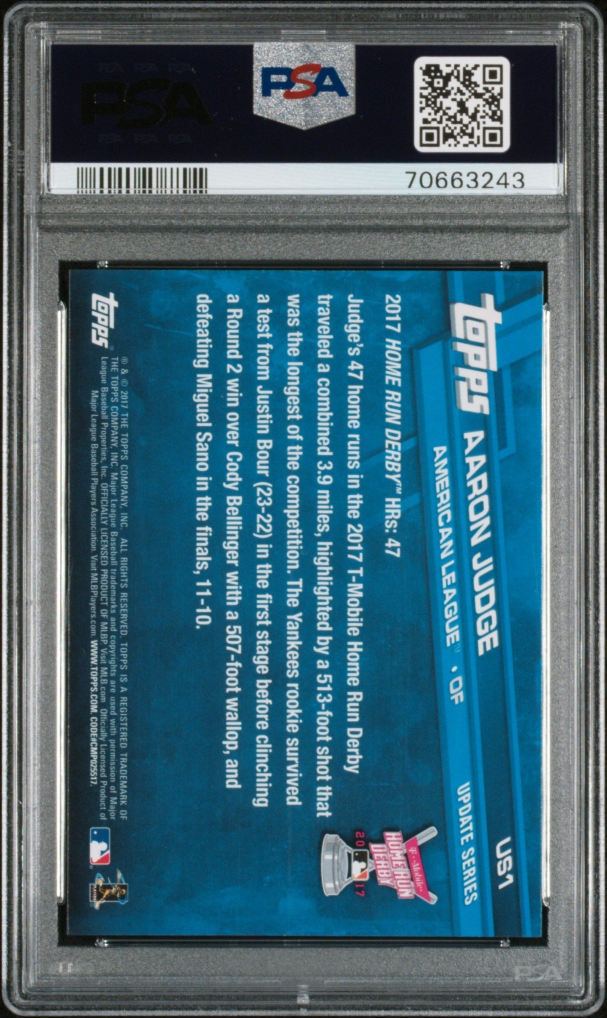 Tarjeta de béisbol RC Aaron Judge #US1 Rookie de Topps Update 2017, PSA 10 Gem Mint