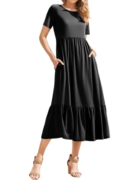 Cnlinkco Summer Dresses for Women 2024 Vacation Curvy Flowy Dresses Midi Dresses for Women Casual Tiered Dress with Pockets Black XL - Lootquake