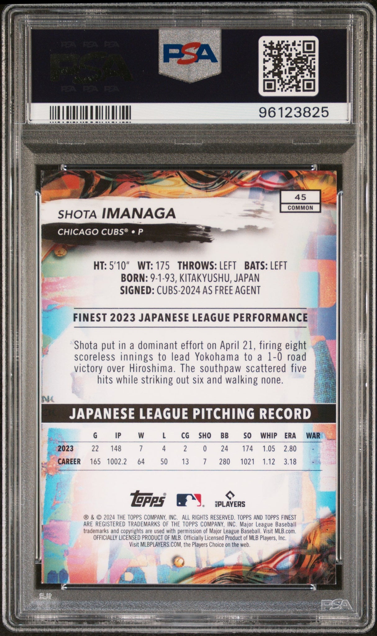 Tarjeta de béisbol Topps Finest Shota Imanaga #45 Rookie RC 2024, PSA 10 Gem Mint