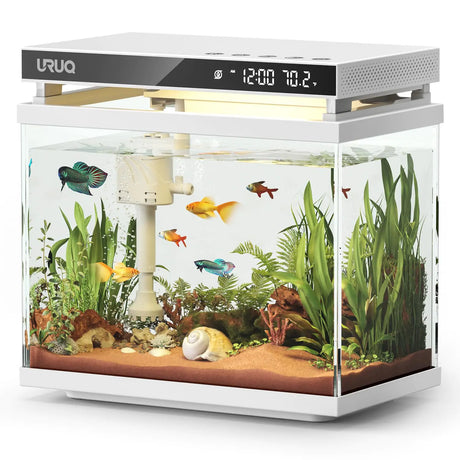 Fish Tank Smart Aquarium Kit: 2 Gallon UHD Glass Silent Water Pump Self Cleaning Multi-layer Filtration System - Temperature Sensing 7-color Lighting for Small Fish Betta Kids Room Desktop Decor White - Lootquake