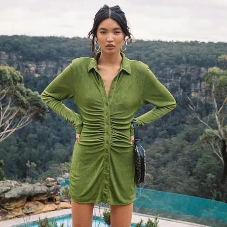 Women Ruched Shirt Dresses - Lootquake