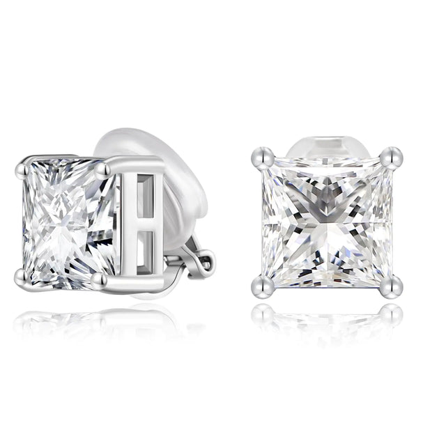FAMARINE Silver Clip on Earrings Women CZ Square Clip Earrings Non-pierced Earrings Fake Earrings - Lootquake