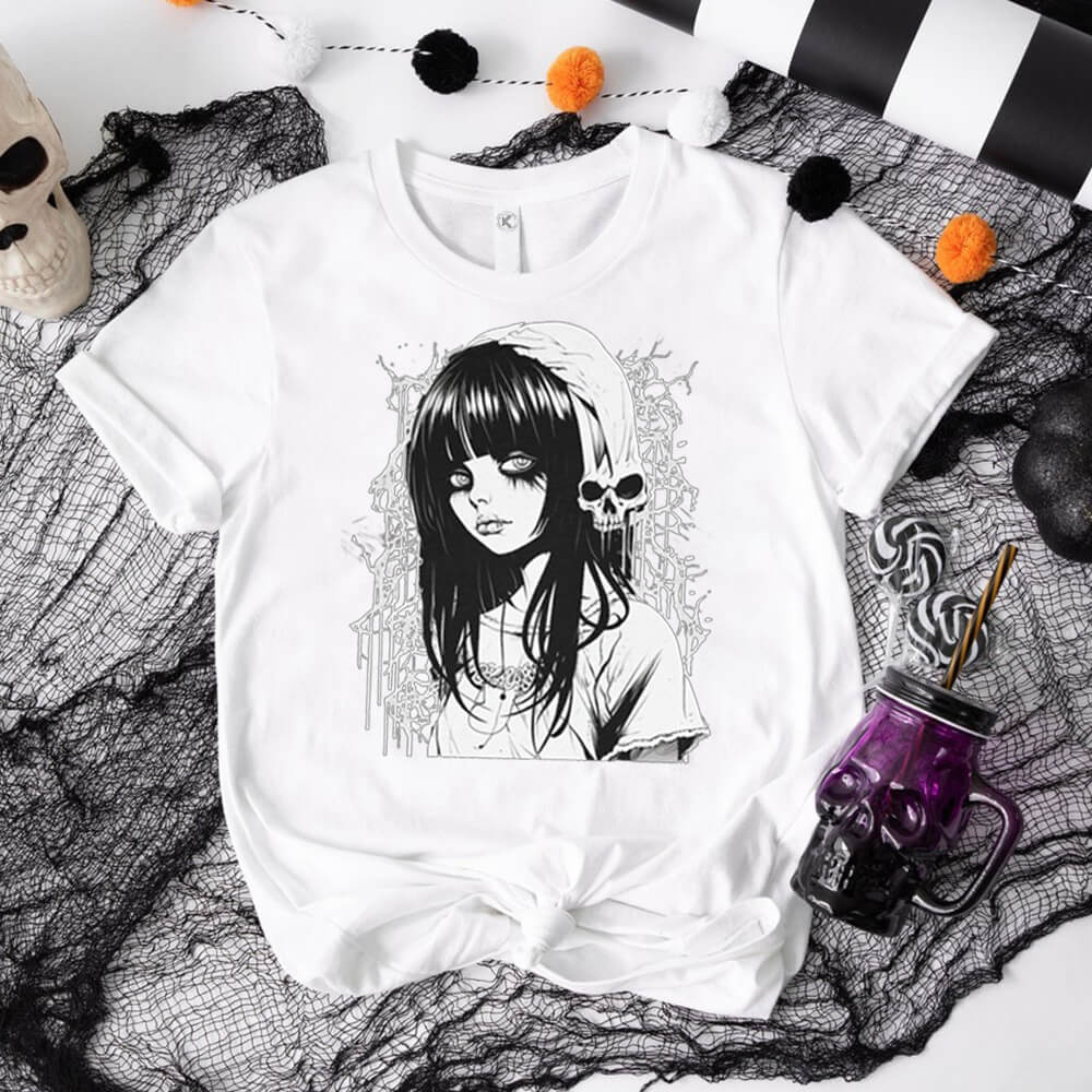Kawaii Goth Girl Round Neck Short Sleeve T-shirt