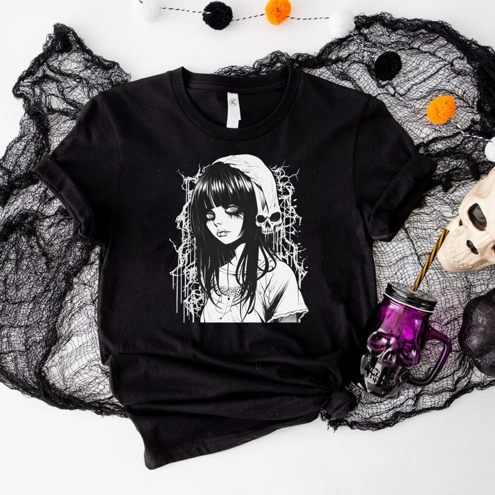 Kawaii Goth Girl Round Neck Short Sleeve T-shirt