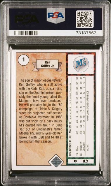 Tarjeta de béisbol RC de novato Ken Griffey Jr. #1 de Upper Deck Star, calificada en 1989, PSA 7 NM