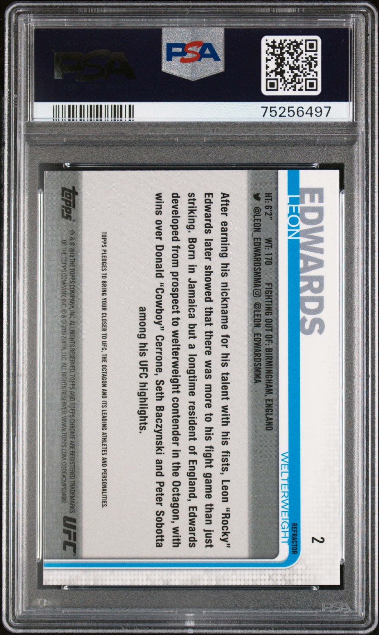 Tarjeta de MMA de UFC RC de Leon Edwards #2 Refractor Rookie de Topps UFC Chrome 2019, calificada PSA 10 Gem Mint