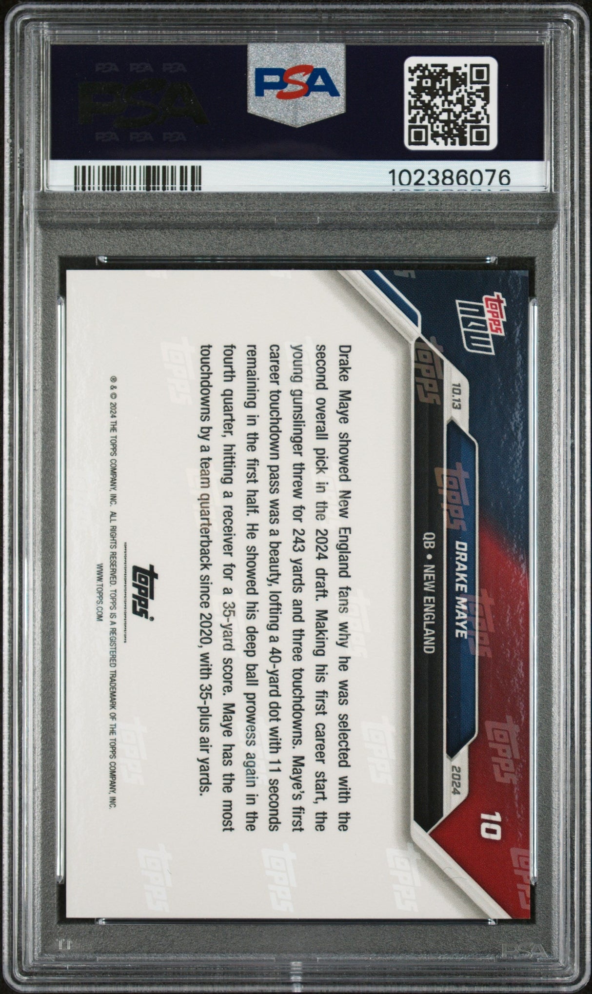 Tarjeta de fútbol RC Drake Maye #10 Rookie de Topps Now, calificada en 2024, PSA 10 Gem Mint