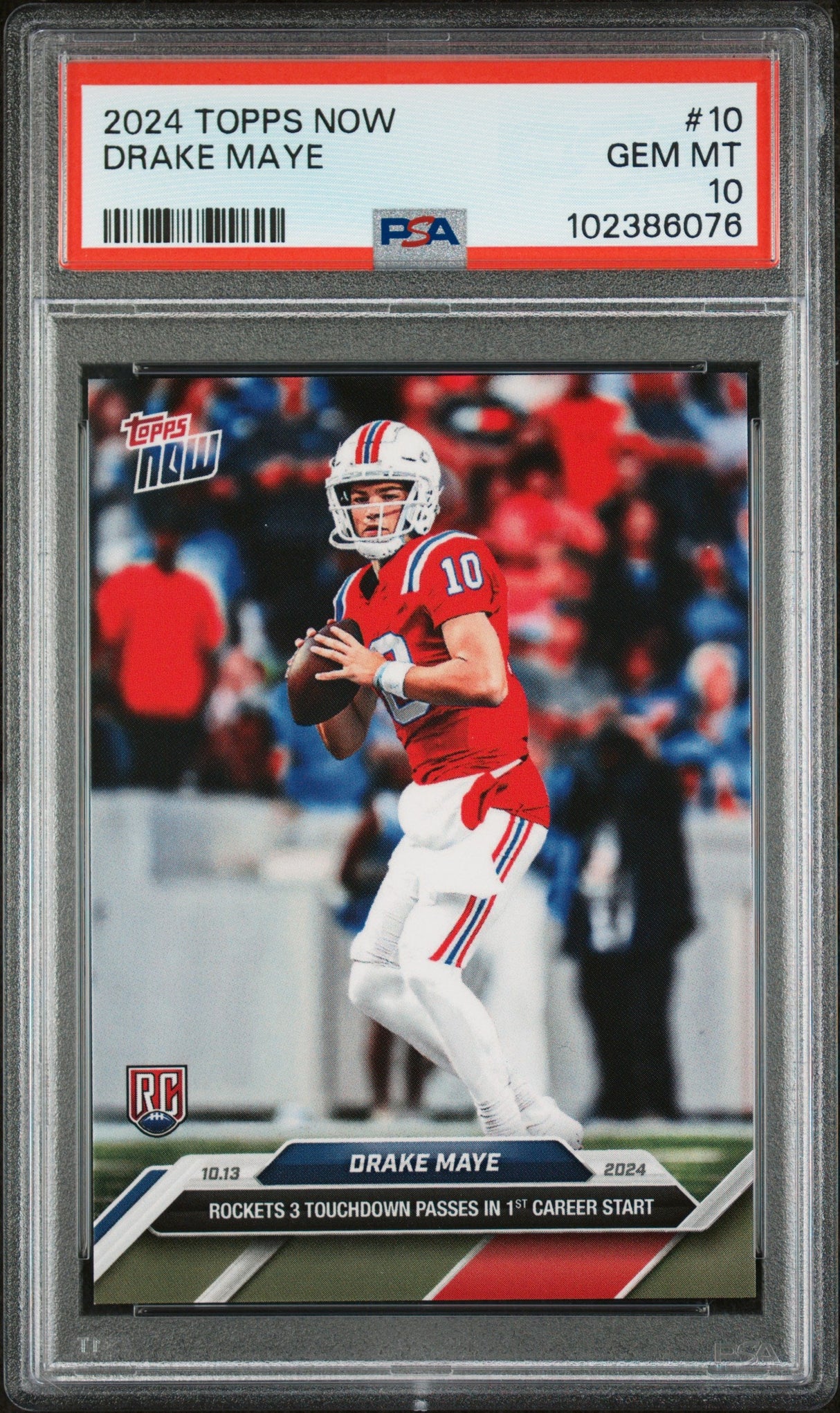 Tarjeta de fútbol RC Drake Maye #10 Rookie de Topps Now, calificada en 2024, PSA 10 Gem Mint