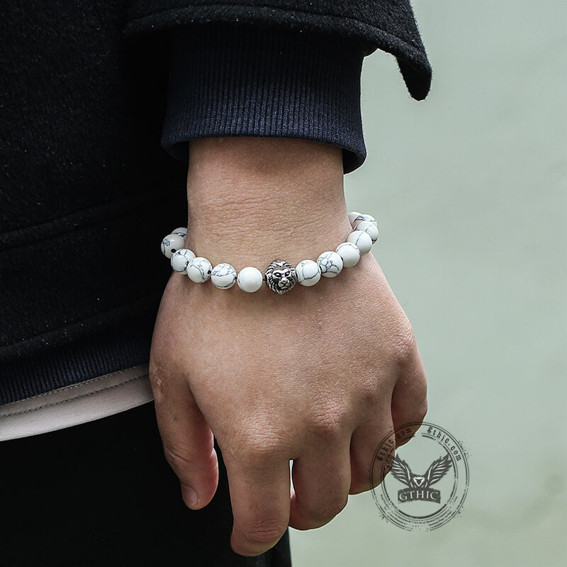 Pulsera de cuentas de acero inoxidable con piedra de ágata y cabeza de león