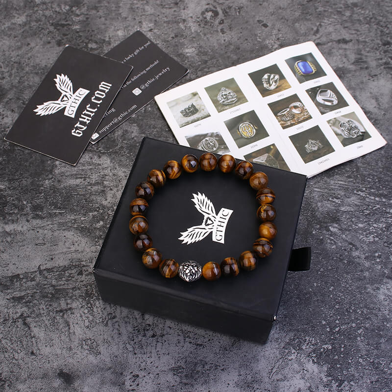 Pulsera de cuentas de acero inoxidable con piedra de ágata y cabeza de león