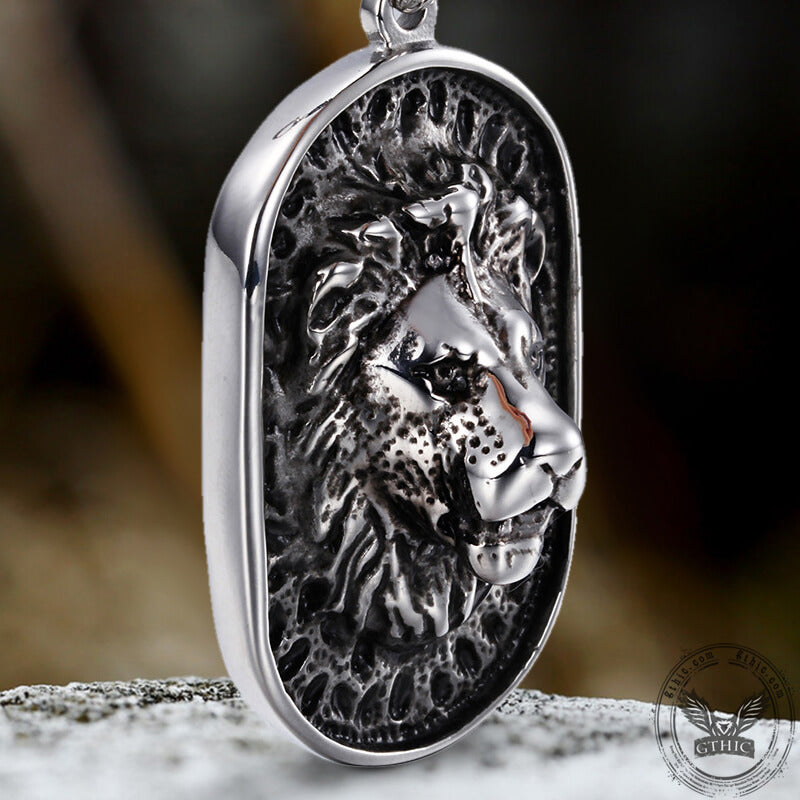 Collar de acero inoxidable con cadena de cuentas negras y cabeza de león