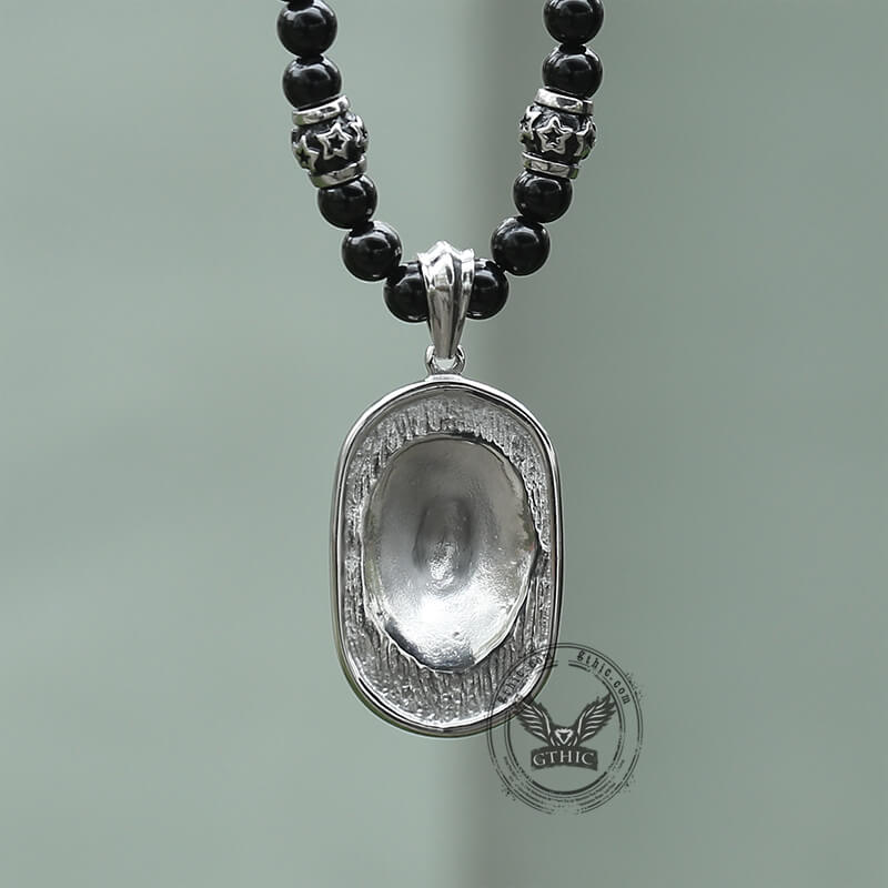 Collar de acero inoxidable con cadena de cuentas negras y cabeza de león