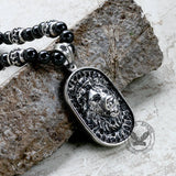 Lion Head Black Beads Chain Stainless Steel Necklace