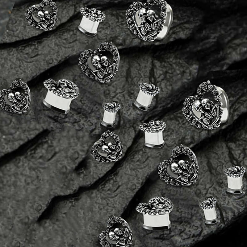 Dilatadores de oreja de acero inoxidable con forma de calavera y corazón