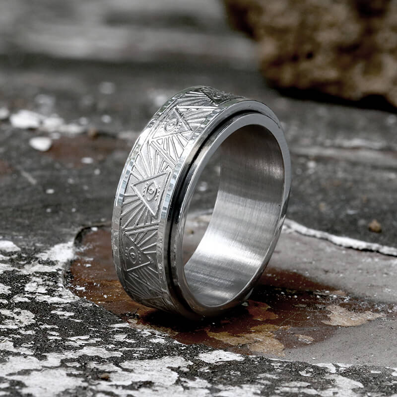 Anillo giratorio de acero inoxidable con el Ojo de la Providencia Masónico