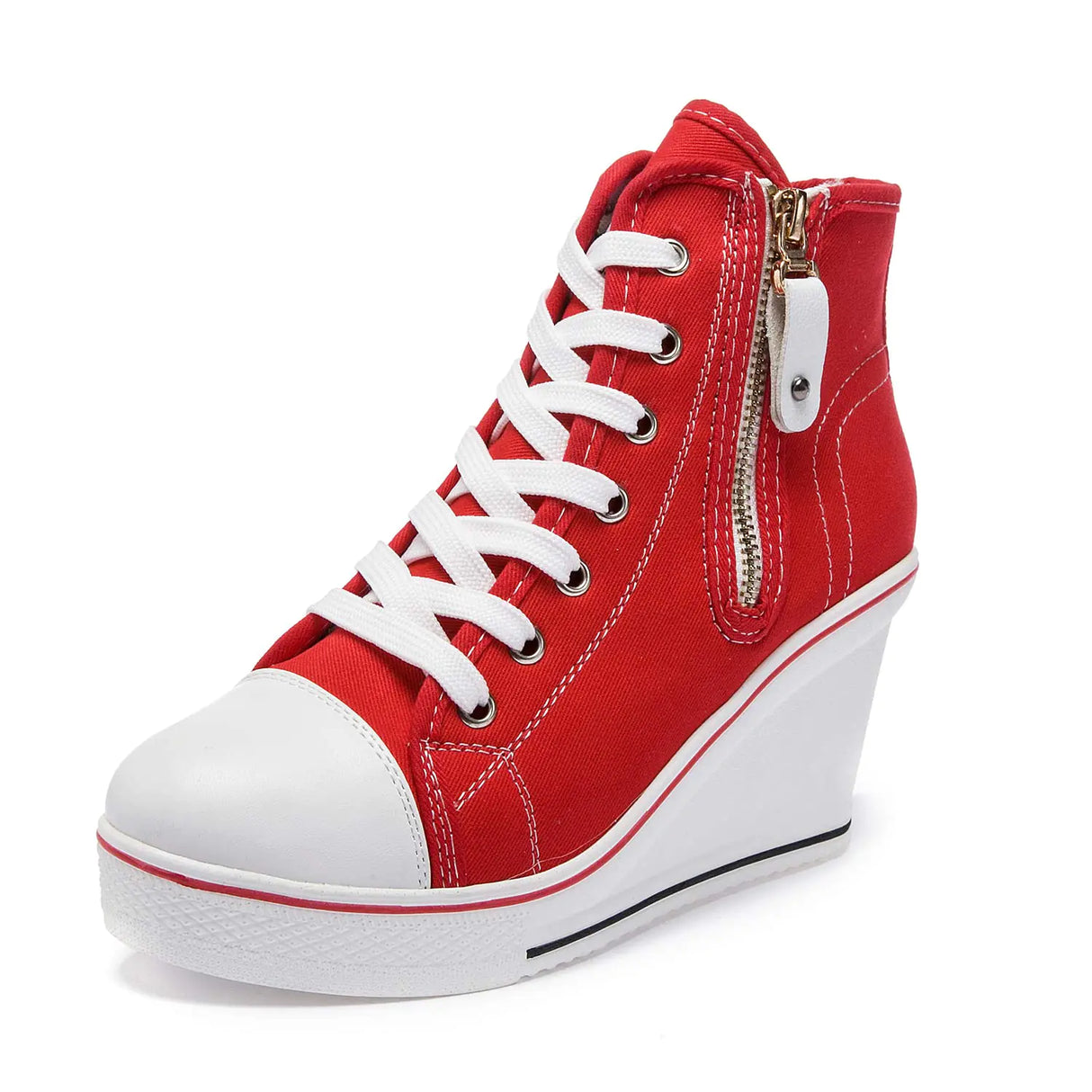 Womens Canvas High-Heeled Shoes Fashion Sneakers Casual Shoes for Walking Platform Wedges Pump Shoes red 5 - Lootquake