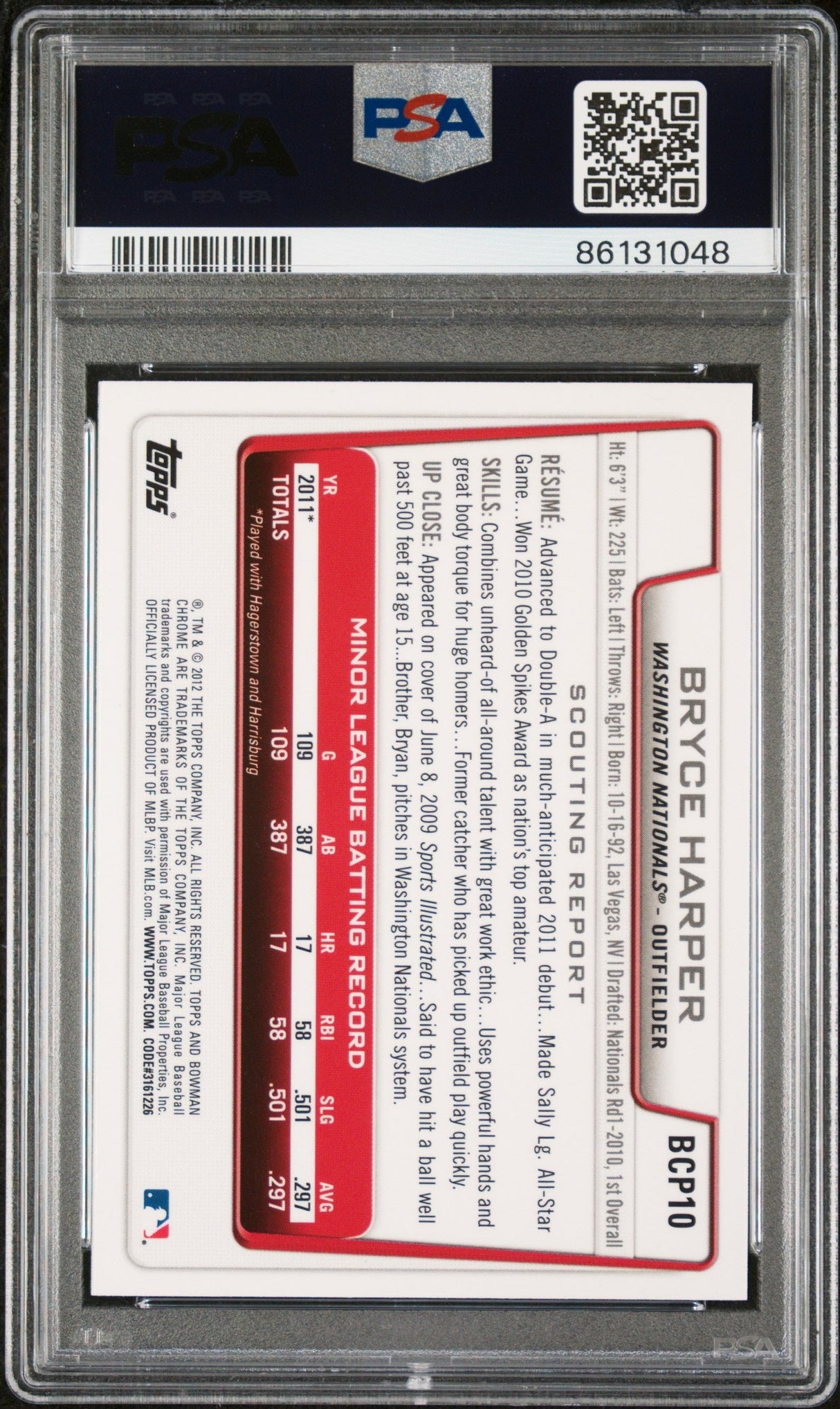 Tarjeta de béisbol de novato RC cromada Bryce Harper #BCP10 de Topps Bowman Prospects 2012, PSA 10 Gem Mint
