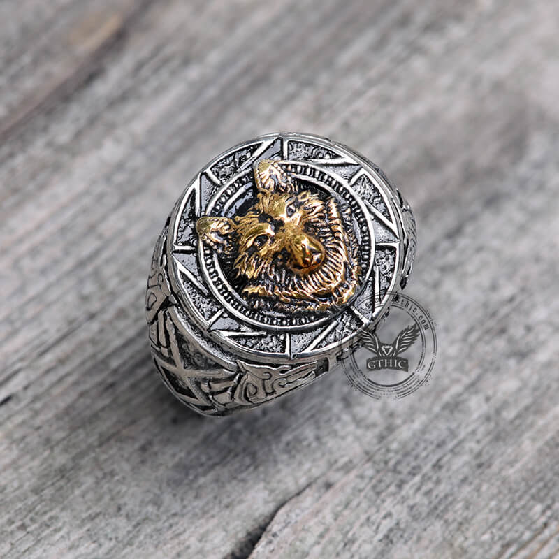 Anillo vikingo de acero inoxidable con diseño de lobo eslavo nórdico