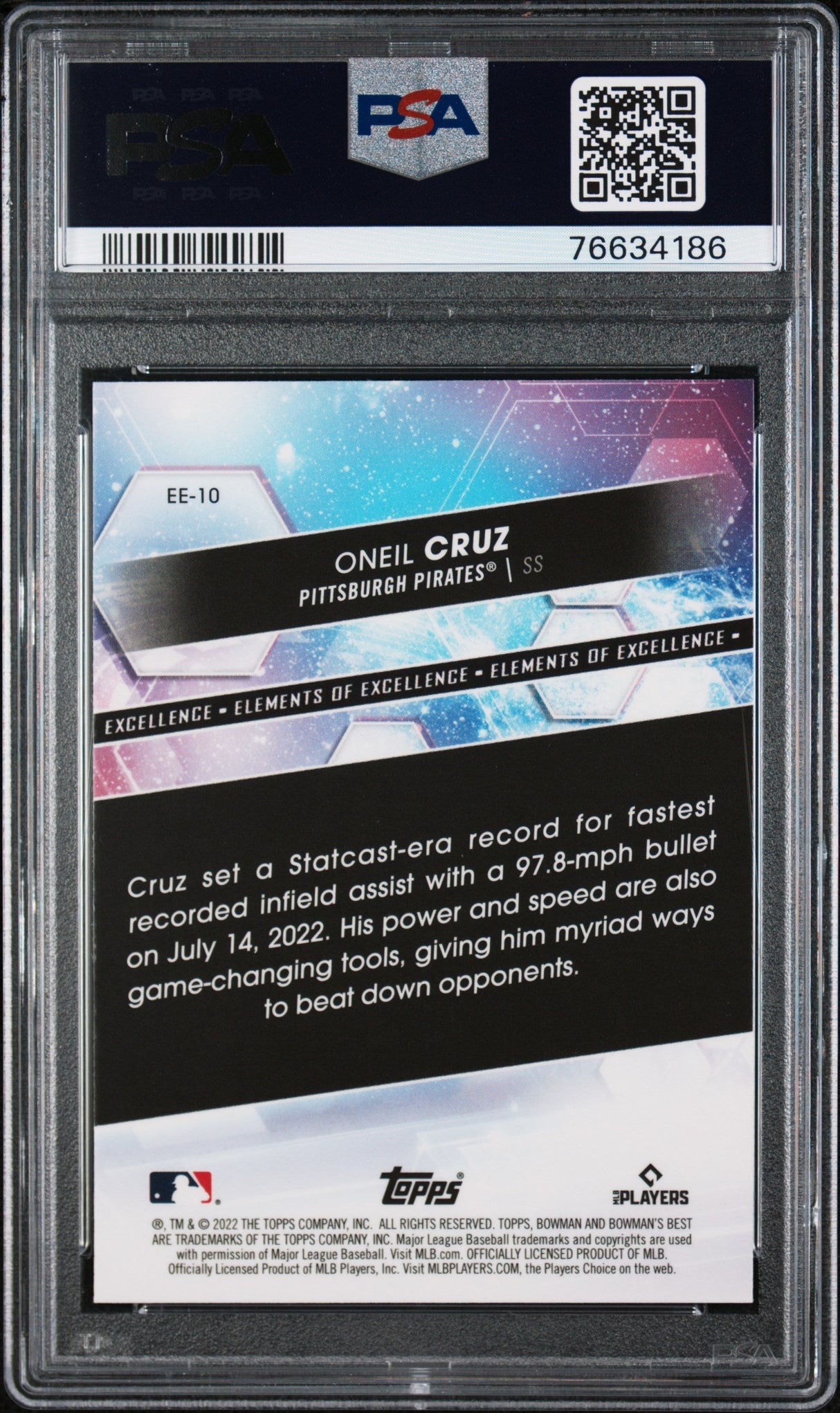Tarjeta de béisbol Topps Bowmans Best Oneil Cruz #EE10 Elements of Excellence Rookie RC de 2022, PSA 10 Gem Mint