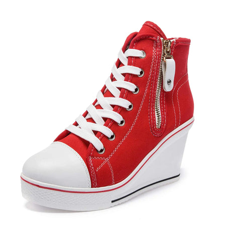 Womens Canvas High-Heeled Shoes Fashion Sneakers Casual Shoes for Walking Platform Wedges Pump Shoes red 5 - Lootquake