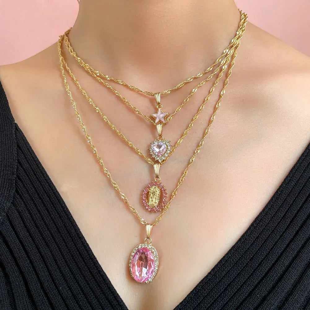 Multi-layer Pink Heart Crystal Pendant Necklaces - Lootquake